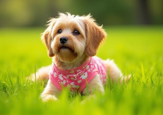 明るい花柄犬服を着た犬が草原で寛ぐ春の新作