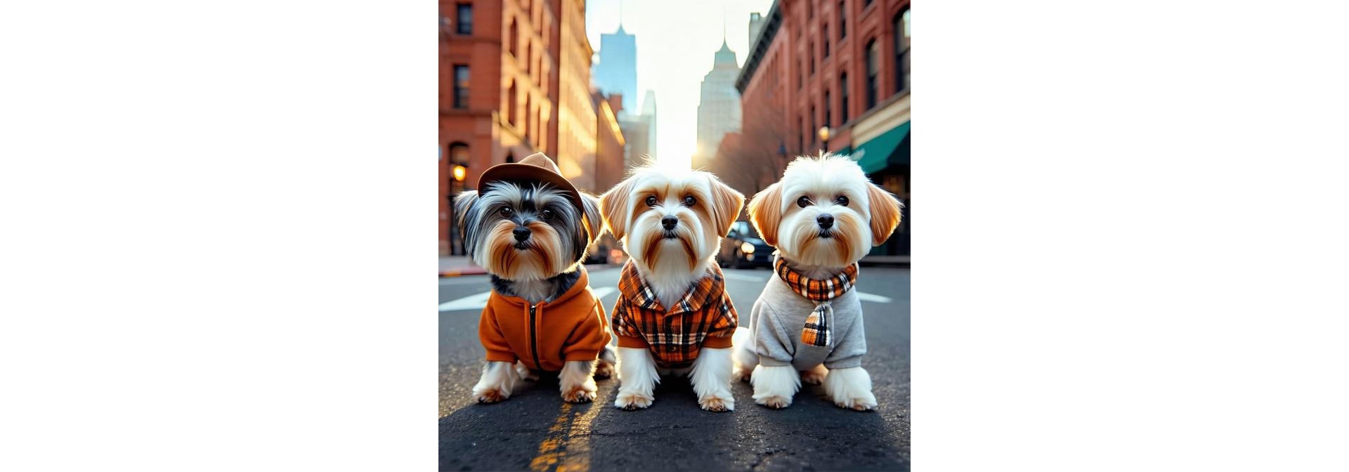 おしゃれな都市でInuWearの服を着た犬たちの写真